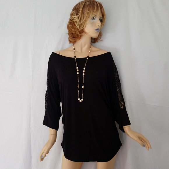 NWT IZ BYER 3X Black Textured Off Shoulder Top Dolman Lace Sleeves - Picture 3 of 11